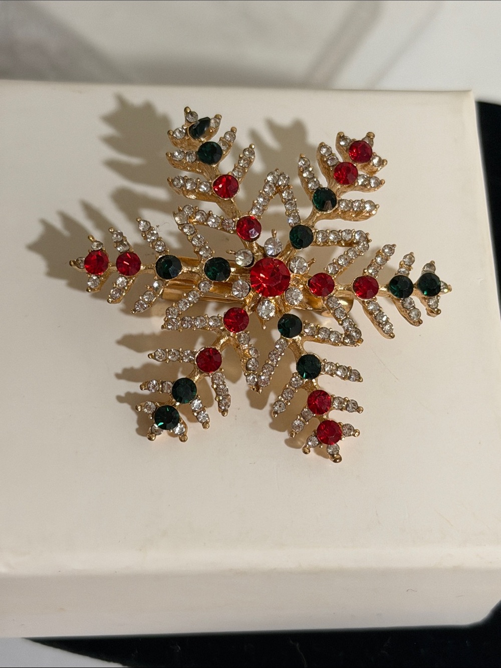 Gold Snowflake Brooch with Red and Green Crystals